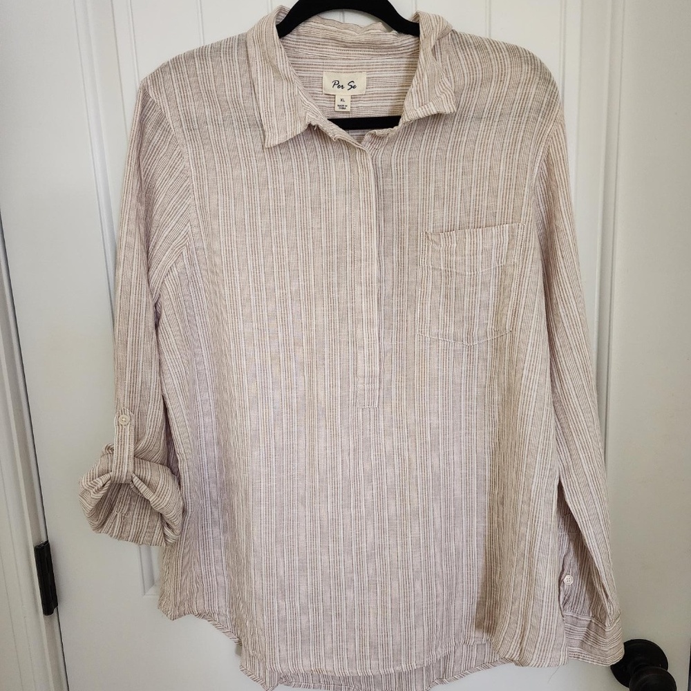 NWT PER SE LS BROWN/WHITE STRIPED TUNIC - SIZE XL